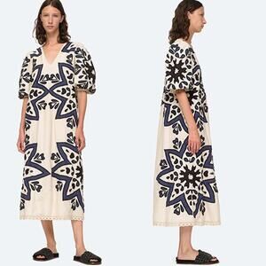 NWT Sea Kaia Kaleidoscope-Appliqué Puff Sleeve Midi Dress White Size: Small